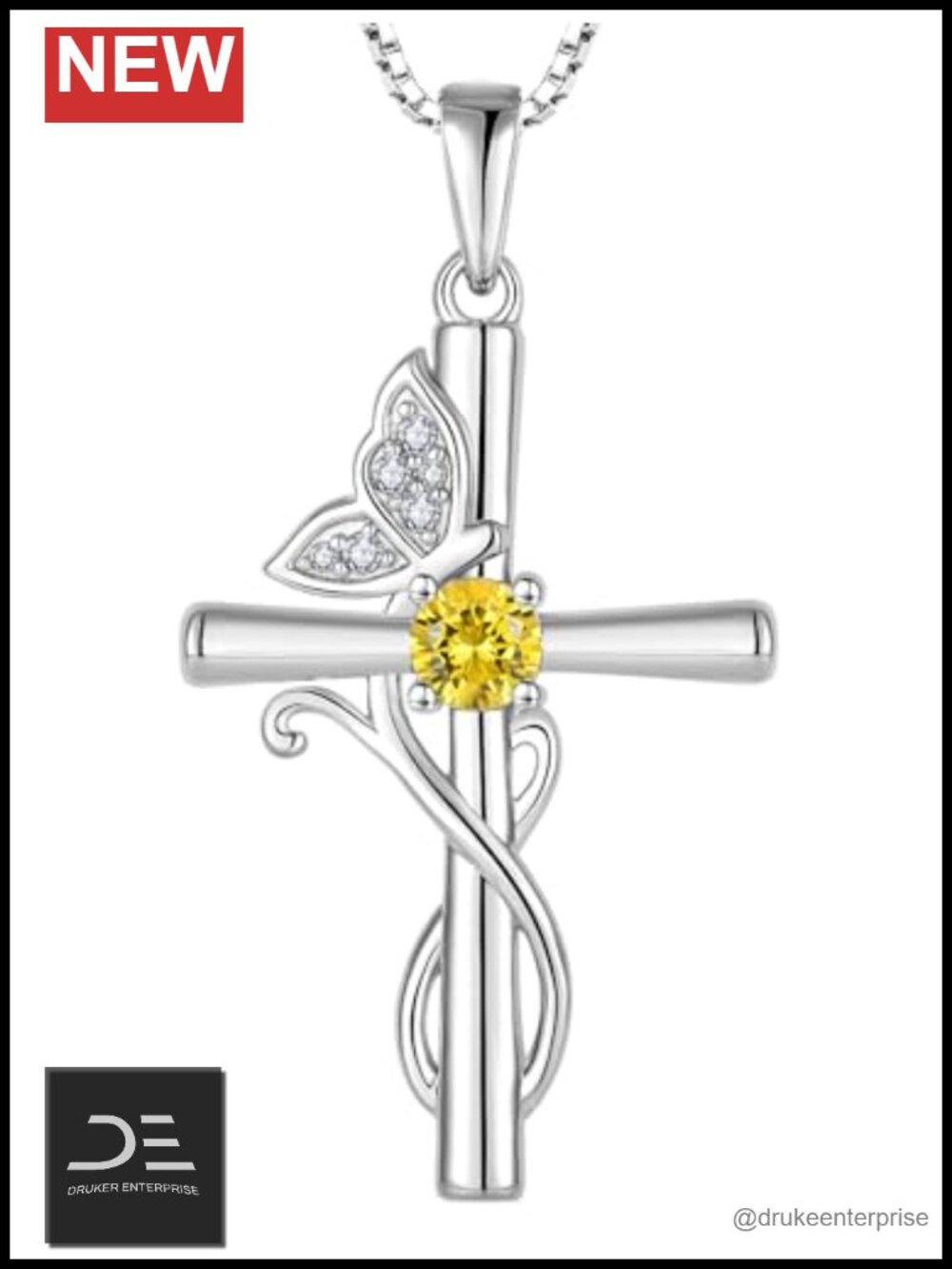 Sterling Silver Butterfly Cross Pendant Necklace 18" Chain Religious Jewelry